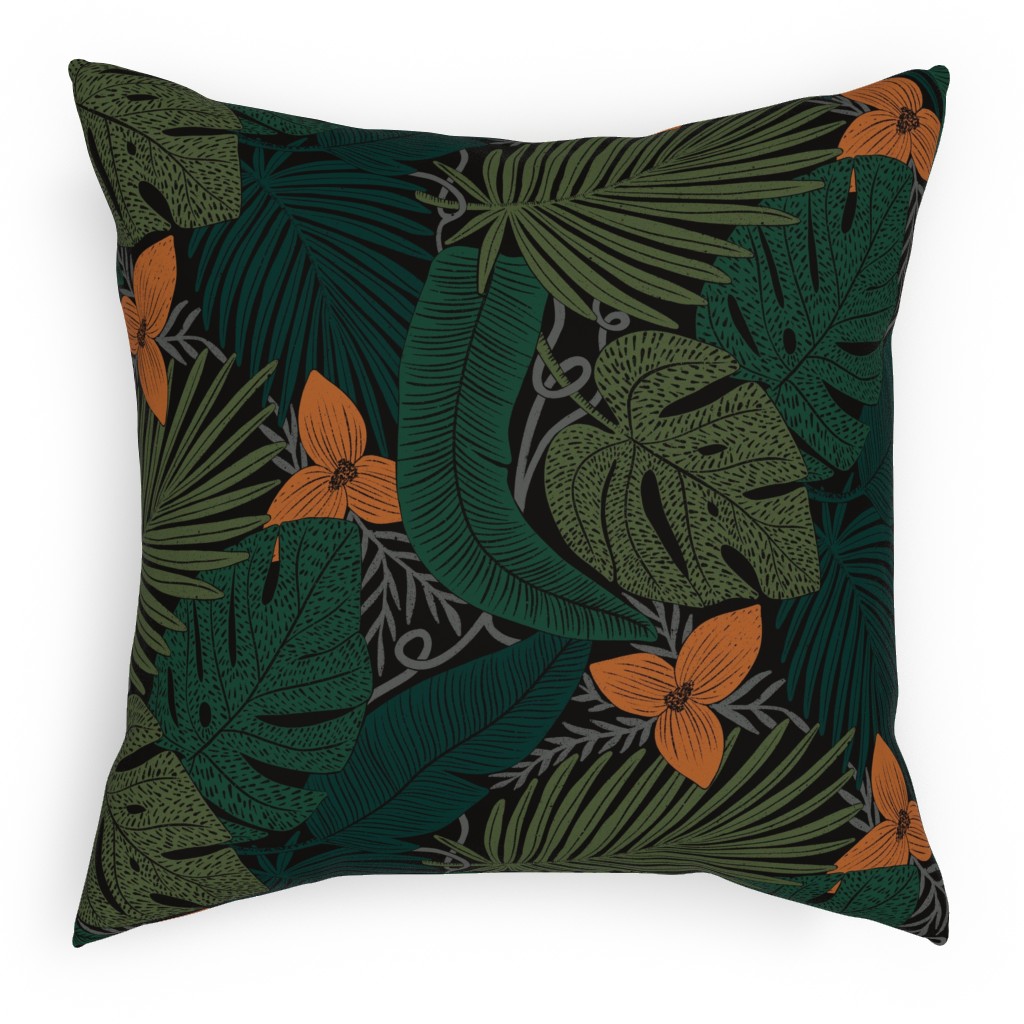 Moody Tropical Floral - Orange on Black Pillow, Woven, Black, 18x18, Single Sided, Green, Classic Green