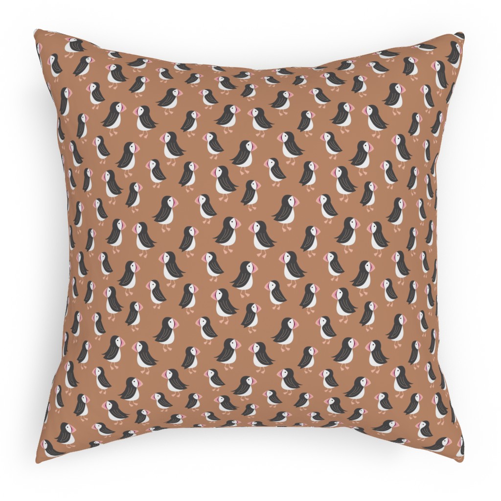 Little Puffin Friends Pillow, Woven, Black, 18x18, Single Sided, Brown, Hazelnut