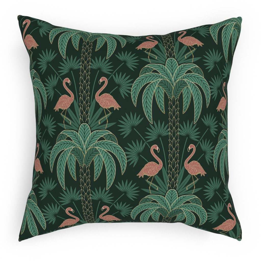 Palm Trees and Flamingos Deco Tropical Damask - Green Pillow, Woven, Black, 18x18, Single Sided, Green