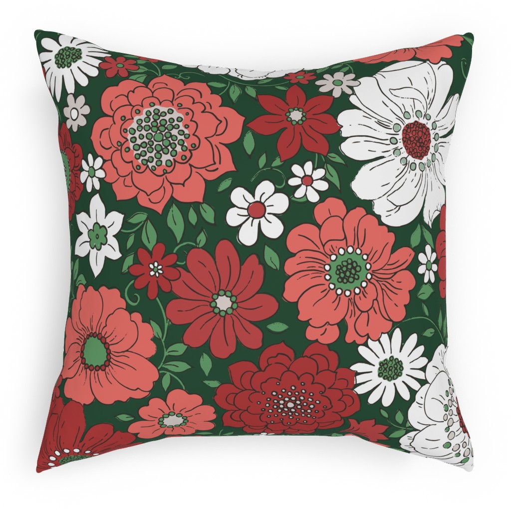 Camilla Retro Floral Christmas - Red and Green Pillow, Woven, Black, 18x18, Single Sided, Multicolor