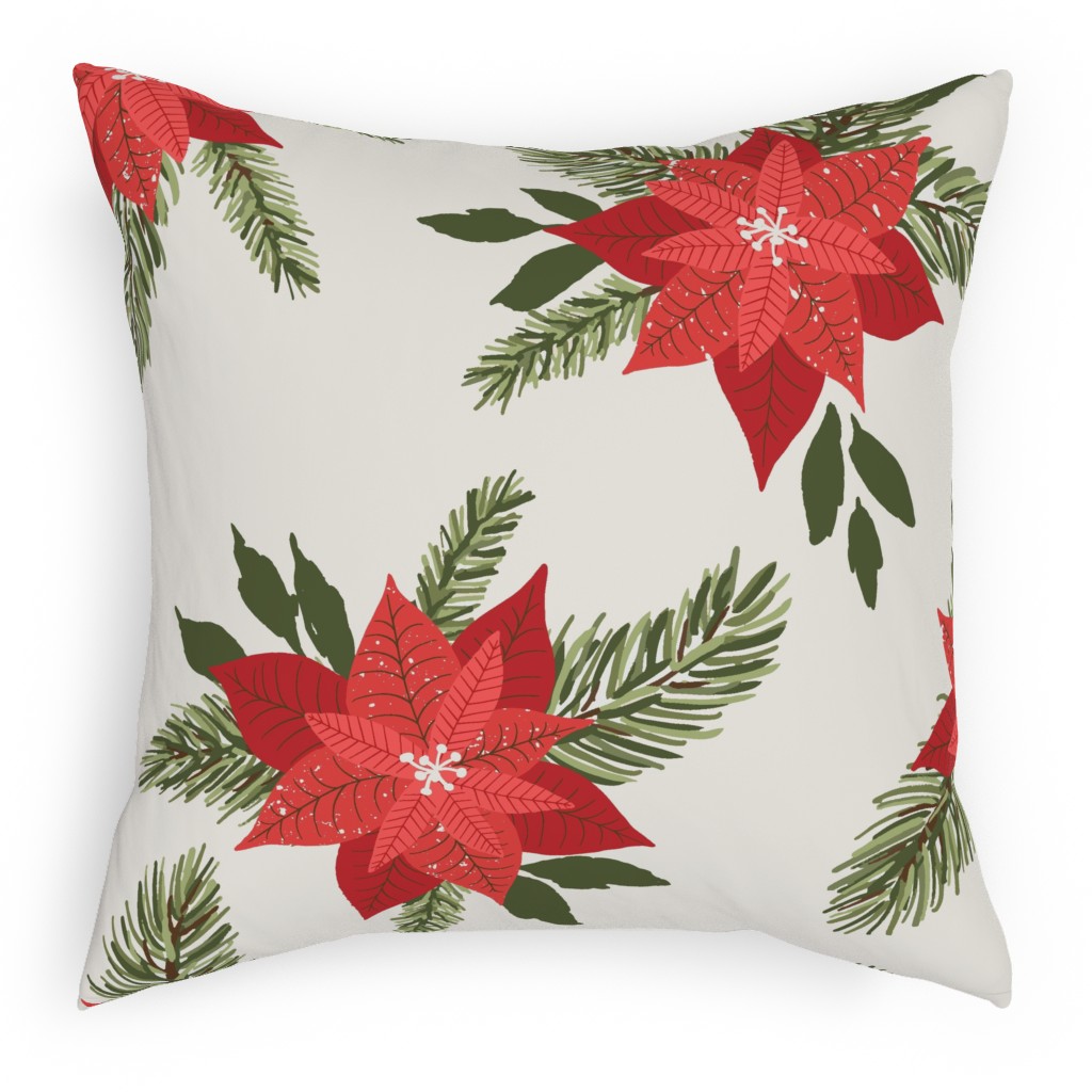 Poinsettia Christmas Flower Pillow, Woven, Black, 18x18, Single Sided, Beige, Pearl