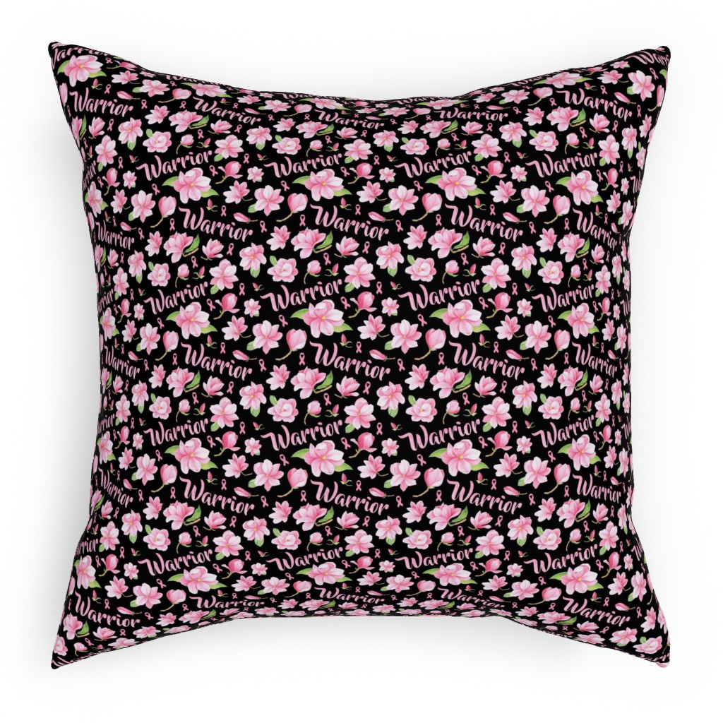 Warrior Pink Ribbon and Flowers - Pink Pillow, Woven, Black, 18x18, Single Sided, Pink, Bright Pink