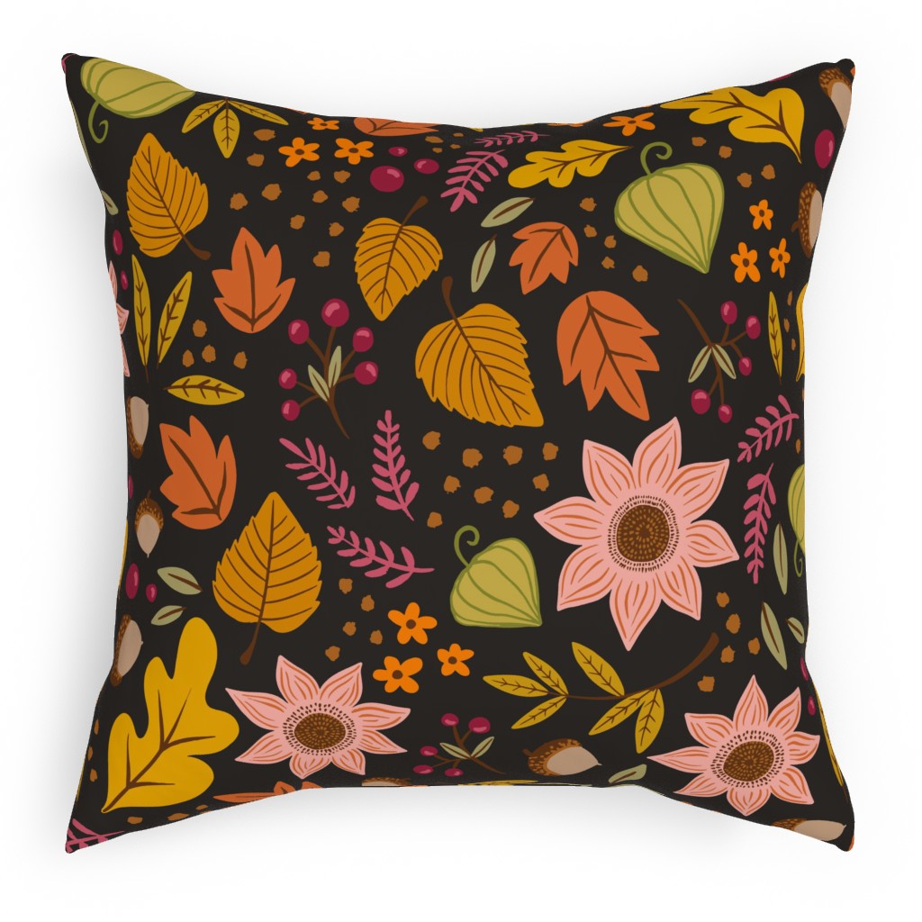 Autumn Fall Floral - Dark Pillow, Woven, Black, 18x18, Single Sided, Multicolor