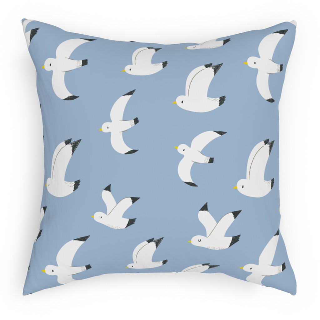 Seagulls in Flight - White on Blue Pillow, Woven, Black, 18x18, Single Sided, Blue