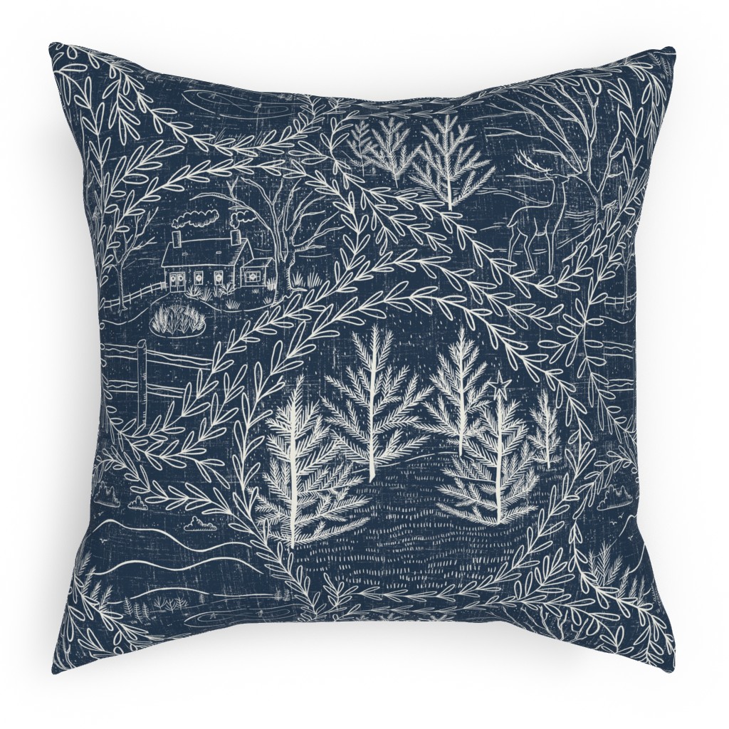 Winter Holiday Toile - Navy Pillow, Woven, Black, 18x18, Single Sided, Blue, True Blue