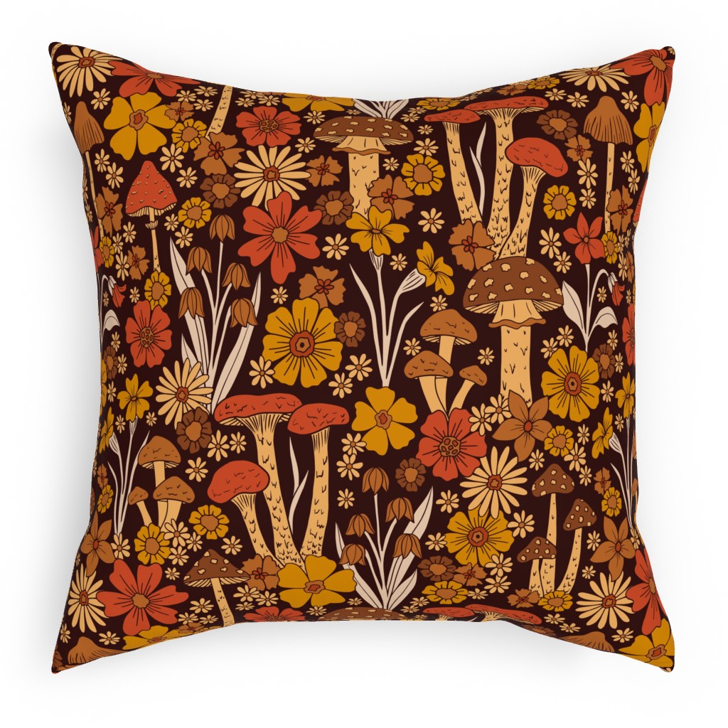 Retro 1970s Mushroom & Flowers - Brown and Orange Pillow, Woven, Black, 18x18, Single Sided, Orange, Orange