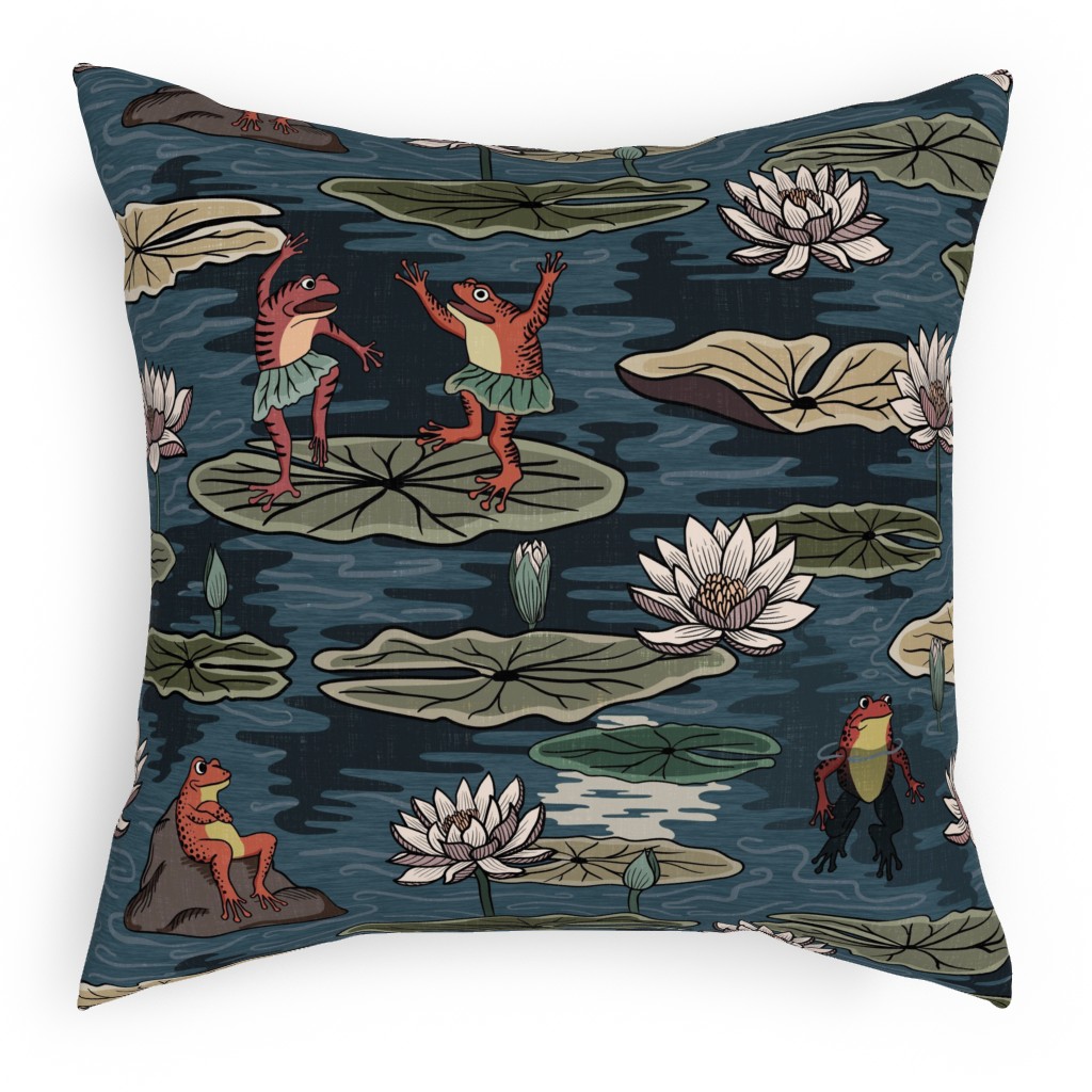 Quirky Frogs Dancing in the Moonlight on Lily Pads Pillow, Woven, Black, 18x18, Single Sided, Blue