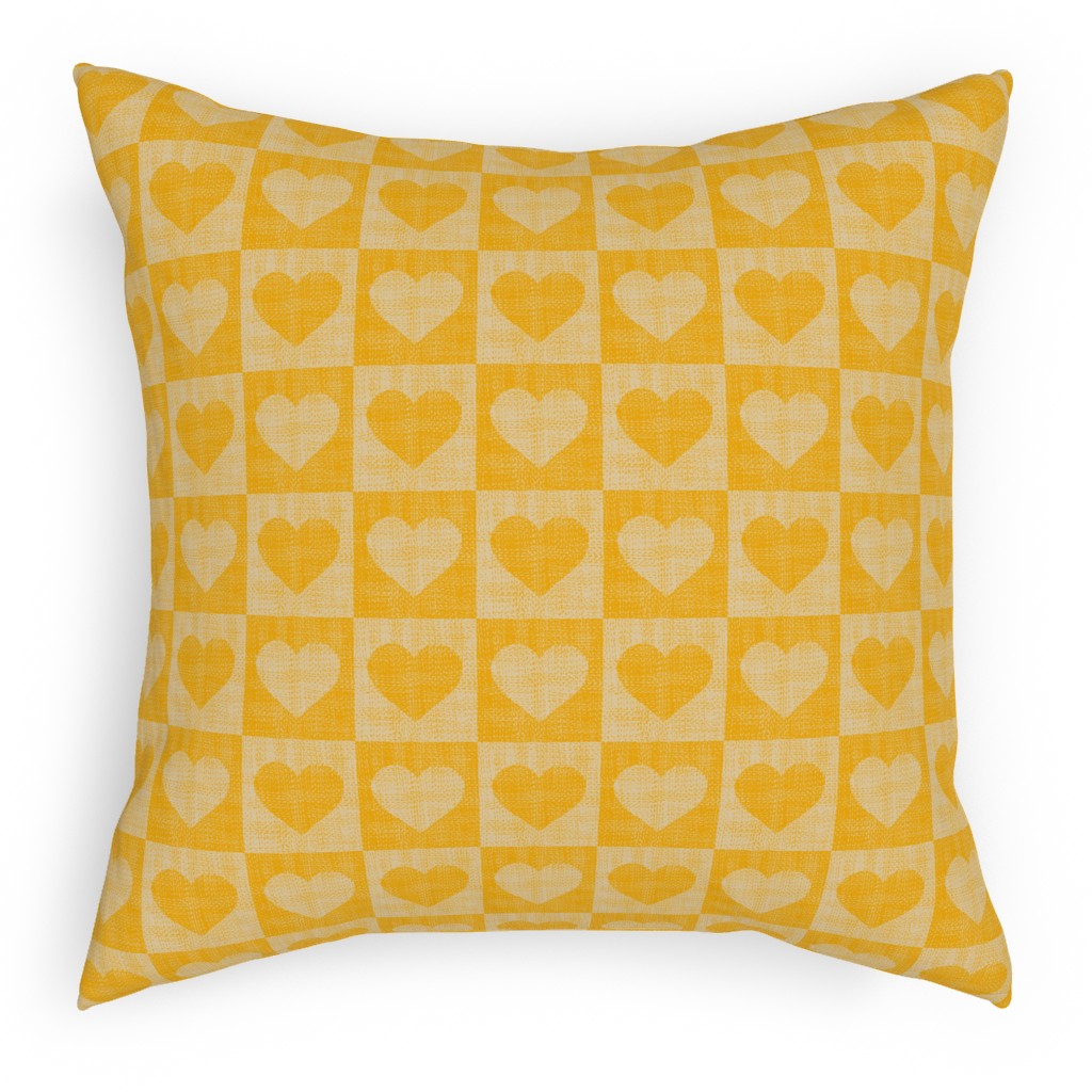 Love Hearts Check - Yellow Pillow, Woven, Black, 18x18, Single Sided, Yellow
