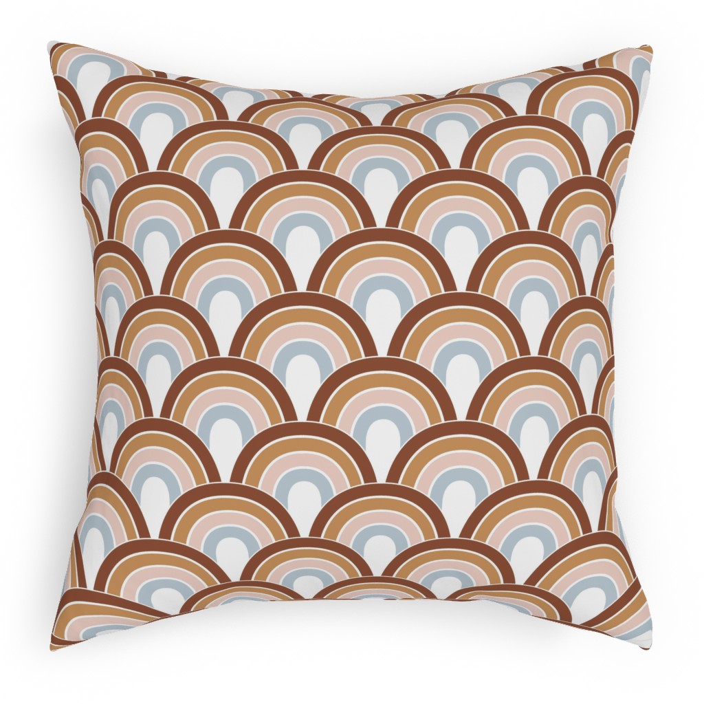 Retro Rainbow Waves - Scales and Curves - Rust Beige Blush Blue on White Pillow, Woven, Black, 18x18, Single Sided, Orange
