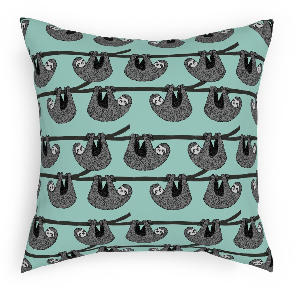 Sloth - Mint Pillow, Woven, Black, 18x18, Single Sided, Green