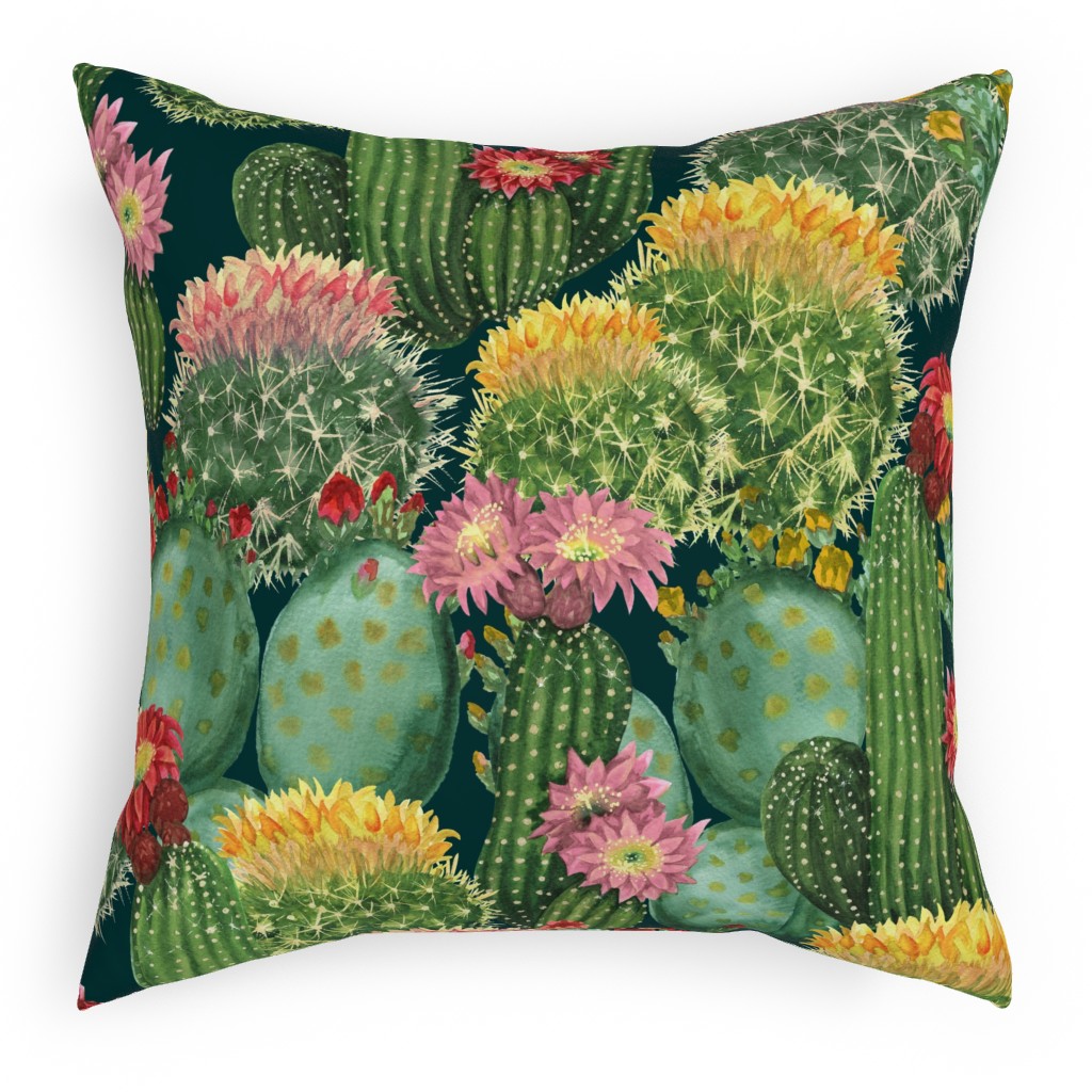 Tropical Cactus Flowers Pillow, Woven, Black, 18x18, Single Sided, Multicolor