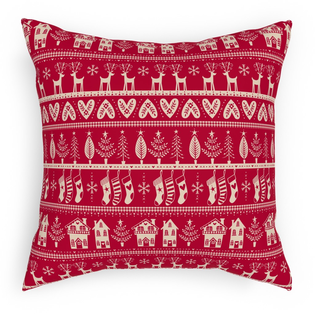Vintage Nordic Christmas Pillow, Woven, Black, 18x18, Single Sided, Red