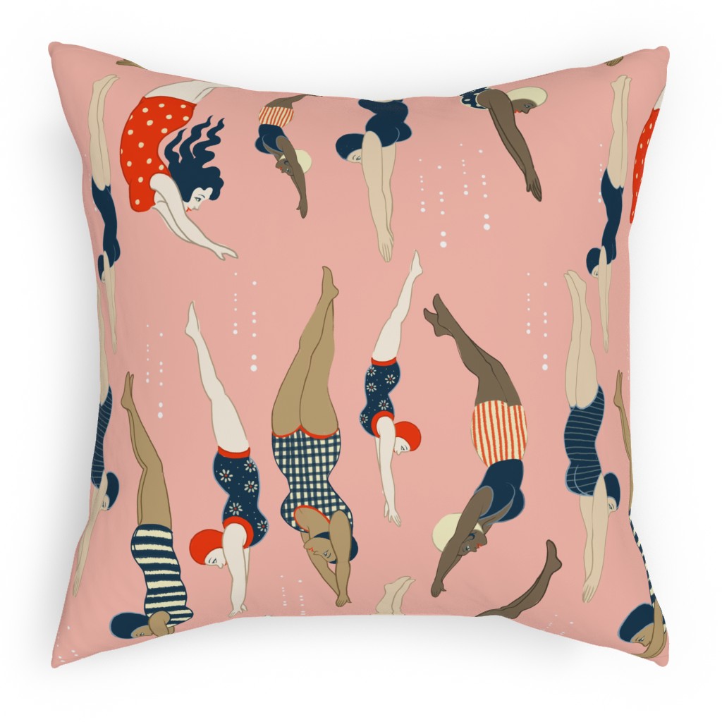 Lady Divers - Pink Pillow, Woven, Black, 18x18, Single Sided, Pink