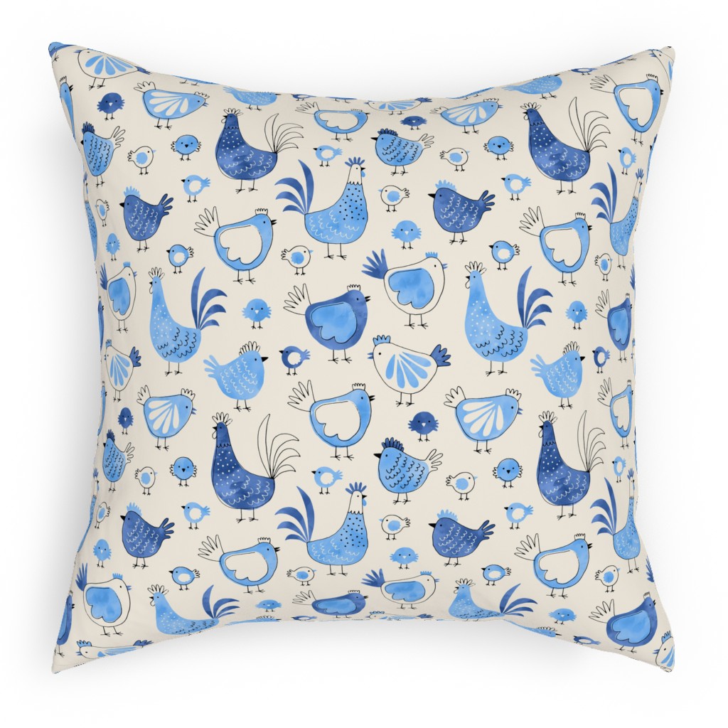Chicken and Rooster - Watercolor - Blue on Creme Pillow, Woven, Black, 18x18, Single Sided, Blue, True Blue