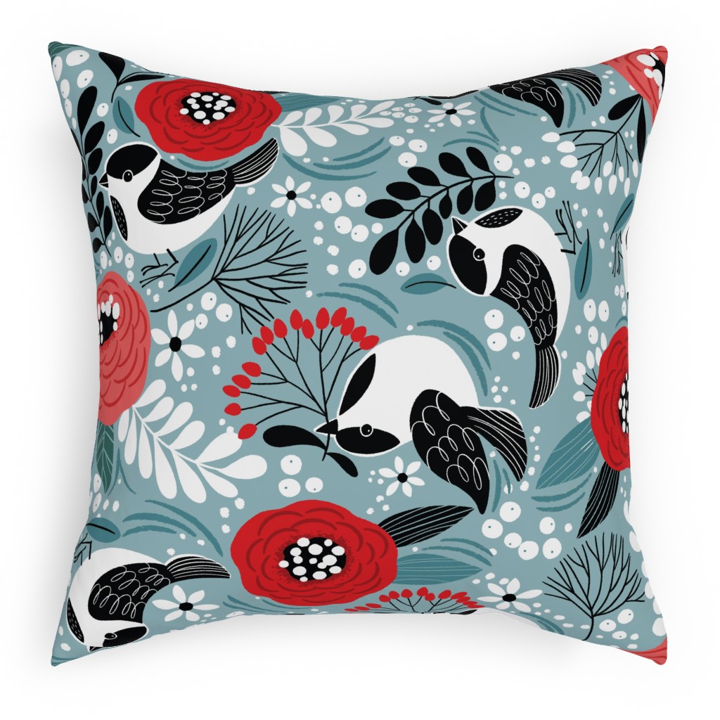 Winter Birds & Berries Pillow, Woven, Black, 18x18, Single Sided, Multicolor