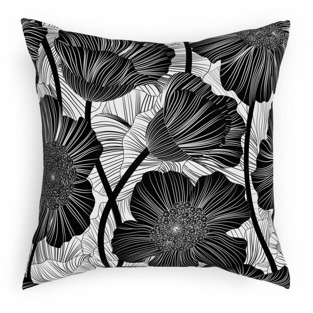 Mid Century Modern Floral - Black and White Pillow, Woven, Black, 18x18, Single Sided, Black