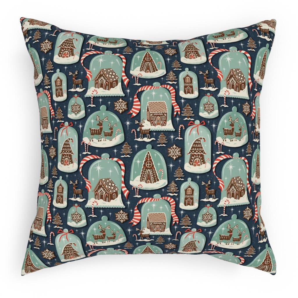 Christmas Gingerbread Village - Blue Pillow, Woven, Black, 18x18, Single Sided, Multicolor