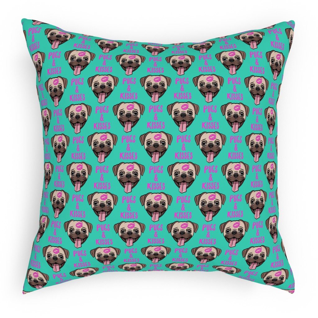 Pugs & Kisses - Cute Pug Dog - Teal Pillow, Woven, Black, 18x18, Single Sided, Green