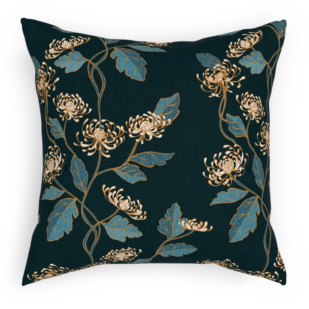 Chrysanthemum Nouveau Pillow, Woven, Black, 18x18, Single Sided, Blue