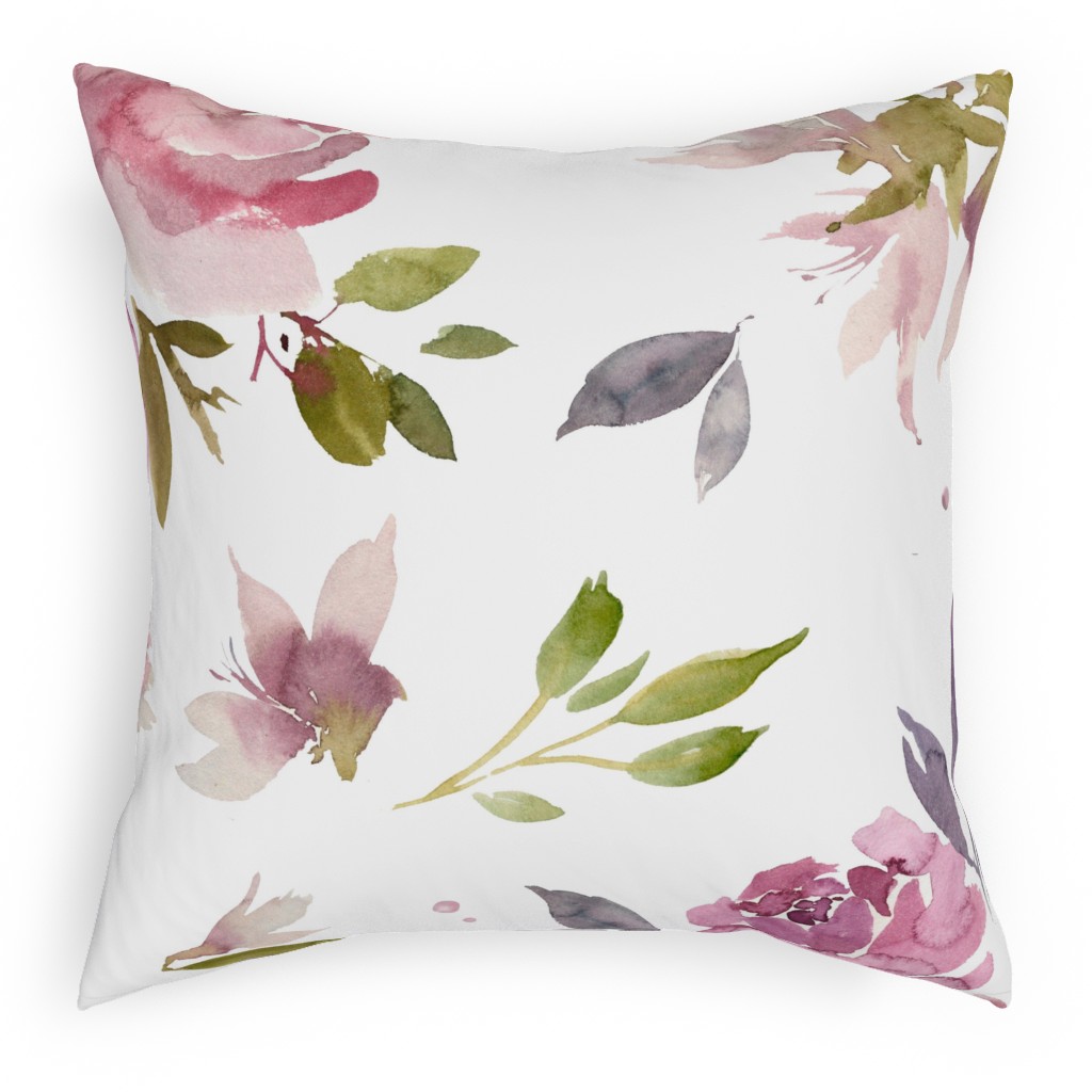 Watercolor Mauve Floral - Pink and Purple Pillow, Woven, Black, 18x18, Single Sided, Pink
