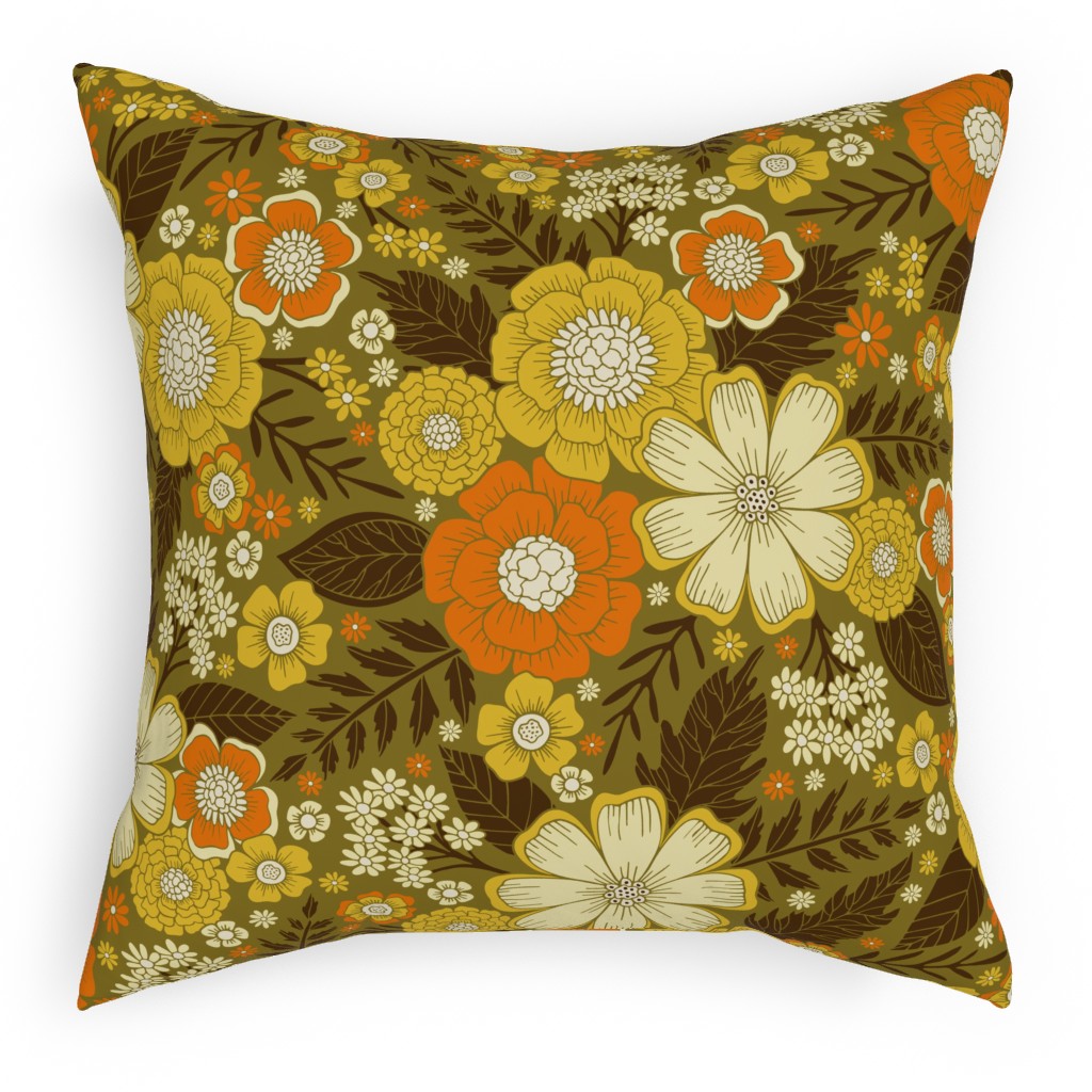 1970s Retro/Vintage Floral - Yellow and Brown Pillow, Woven, Black, 18x18, Single Sided, Yellow