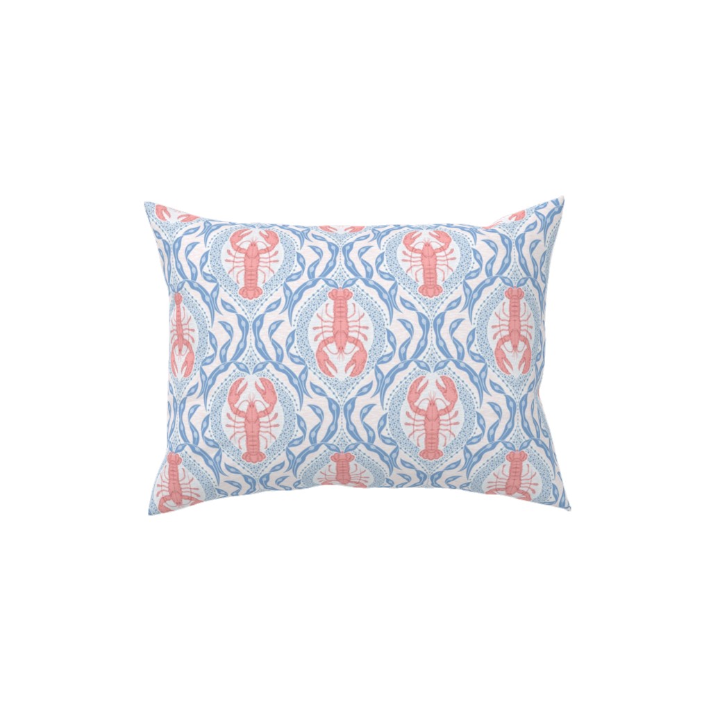 Lobster and Seaweed Nautical Damask - White, Coral Pink and Cornflower Blue Pillow, Woven, Black, 12x16, Single Sided, Blue