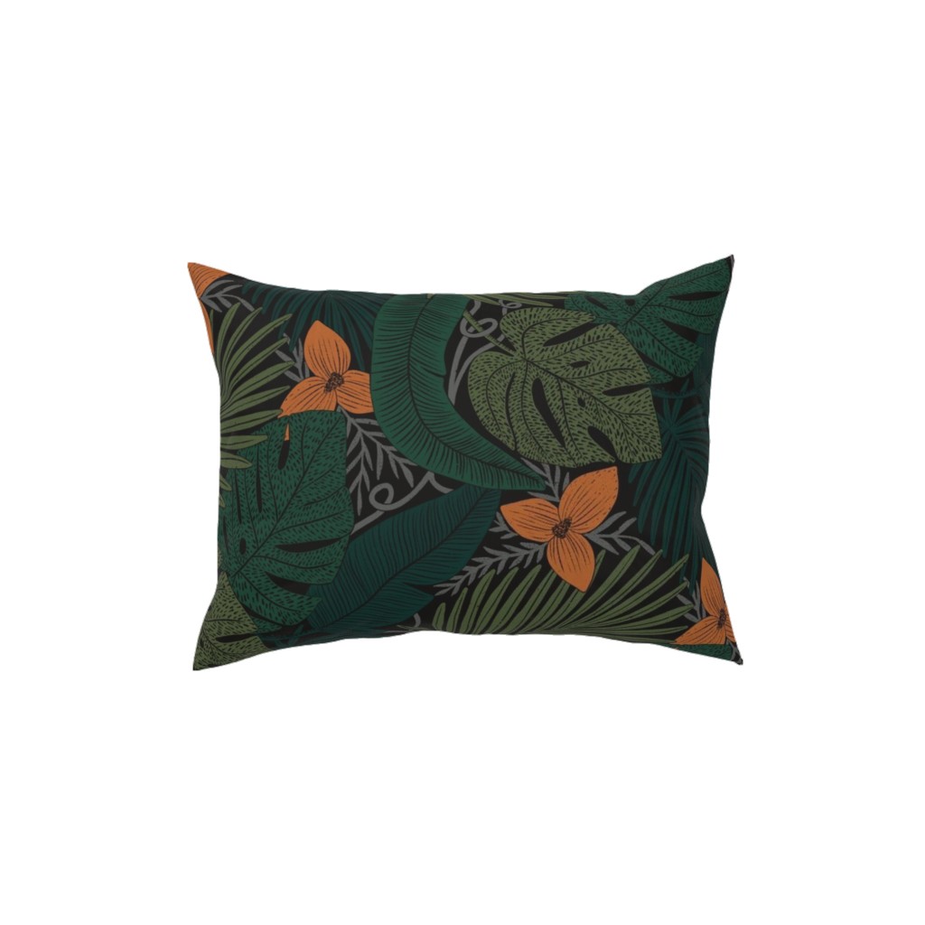 Moody Tropical Floral - Orange on Black Pillow, Woven, Black, 12x16, Single Sided, Green