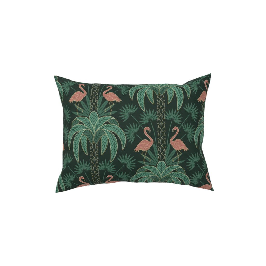 Palm Trees and Flamingos Deco Tropical Damask - Green Pillow, Woven, Black, 12x16, Single Sided, Green, Classic Green
