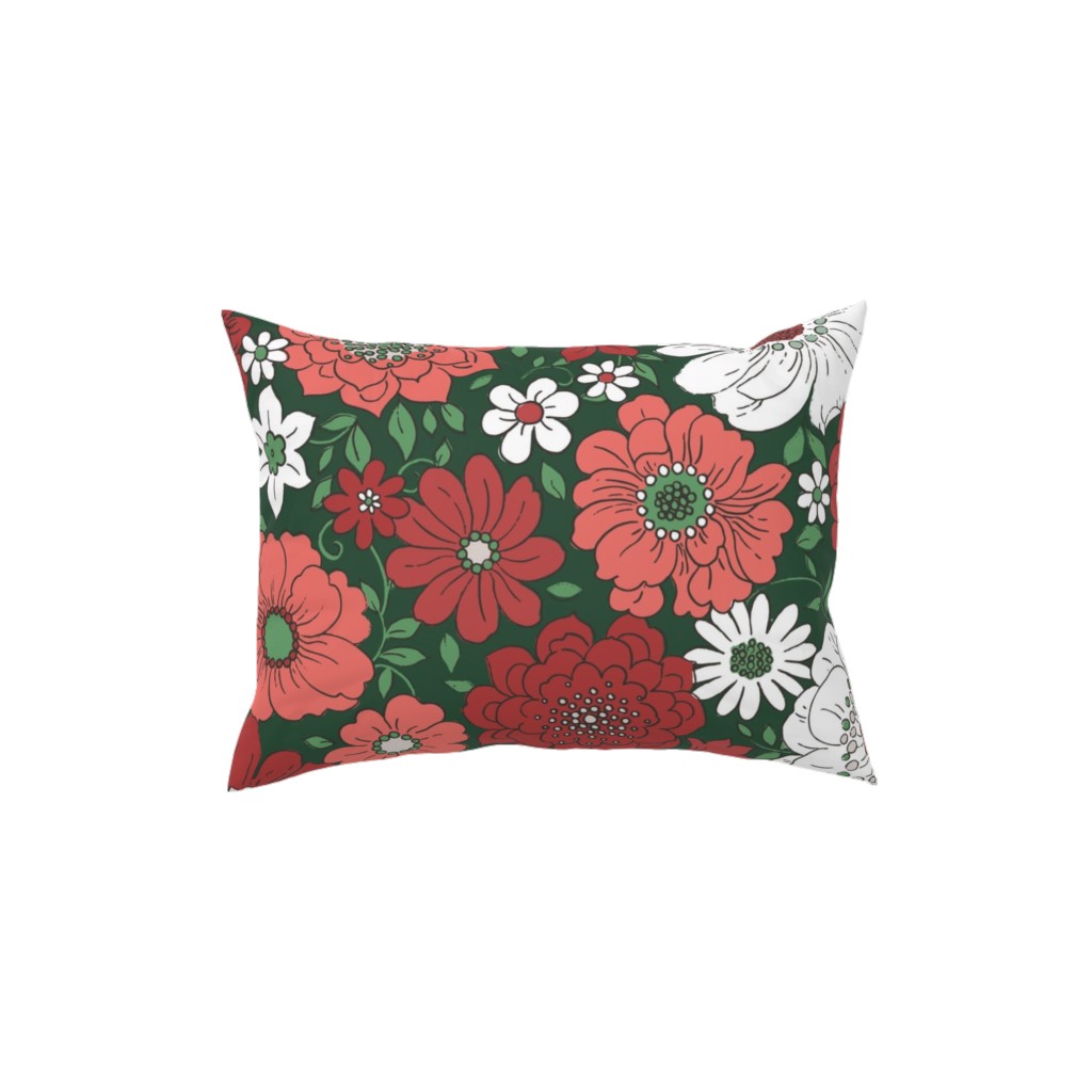 Camilla Retro Floral Christmas - Red and Green Pillow, Woven, Black, 12x16, Single Sided, Multicolor