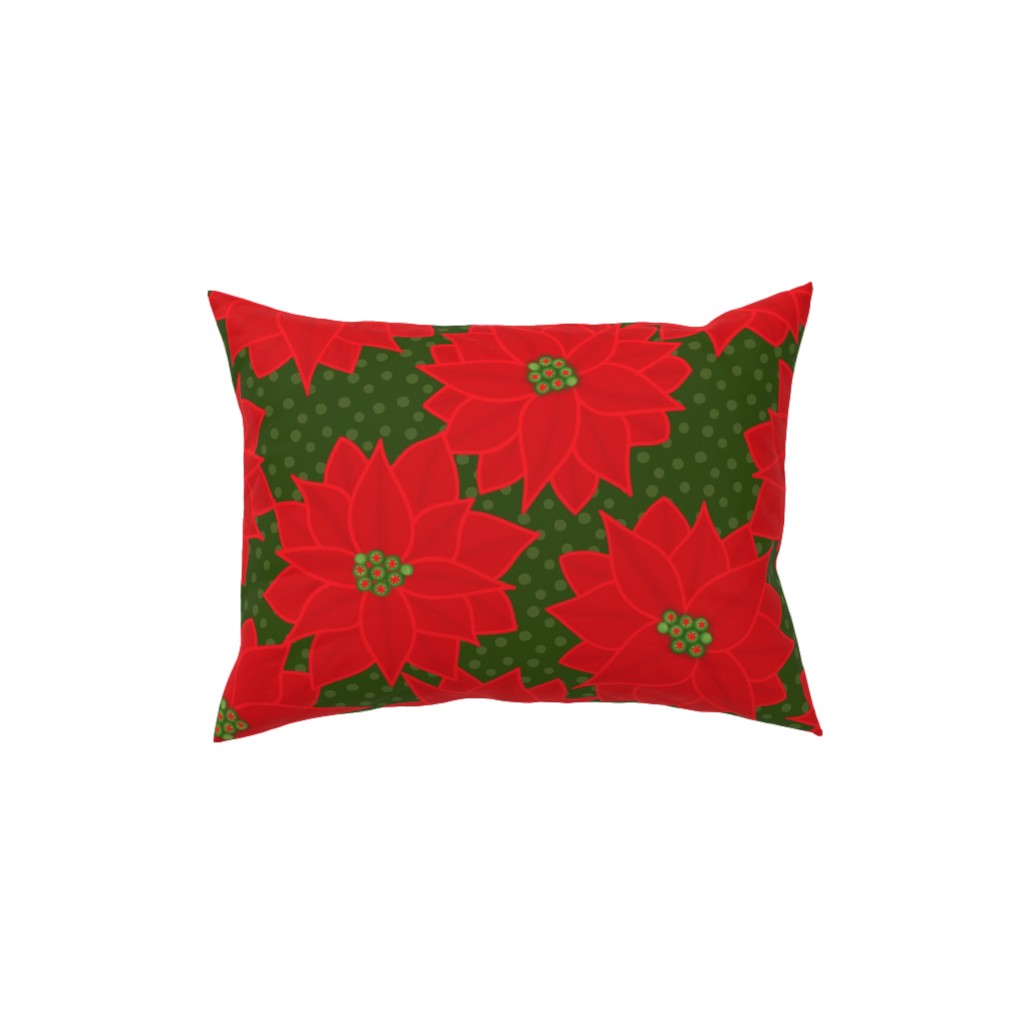 Christmas Poinsettia on Green Pillow, Woven, Black, 12x16, Single Sided, Red