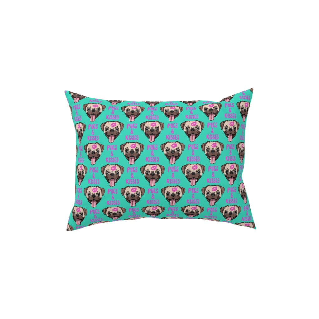 Pugs & Kisses - Cute Pug Dog - Teal Pillow, Woven, Black, 12x16, Single Sided, Green, Classic Green