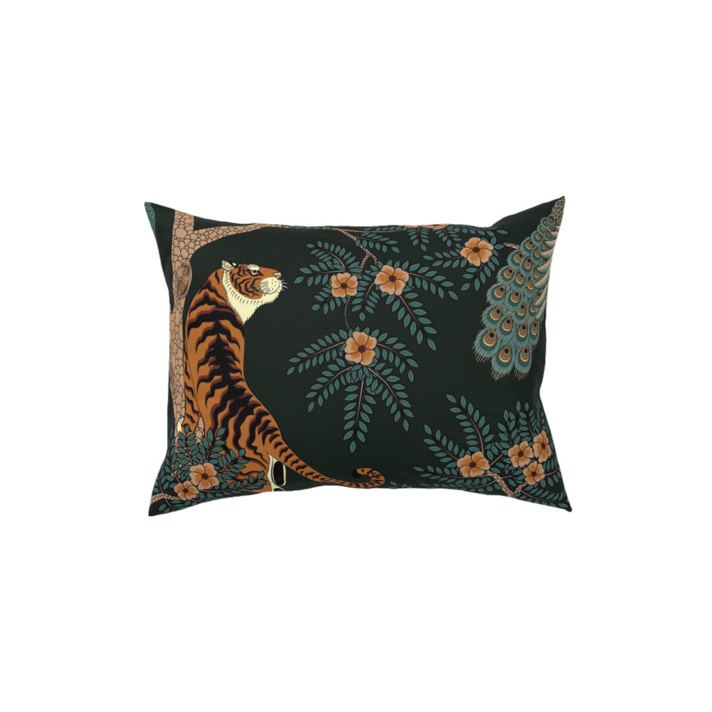 Tiger and Peacock on Black Pillow, Woven, Black, 12x16, Single Sided, Black