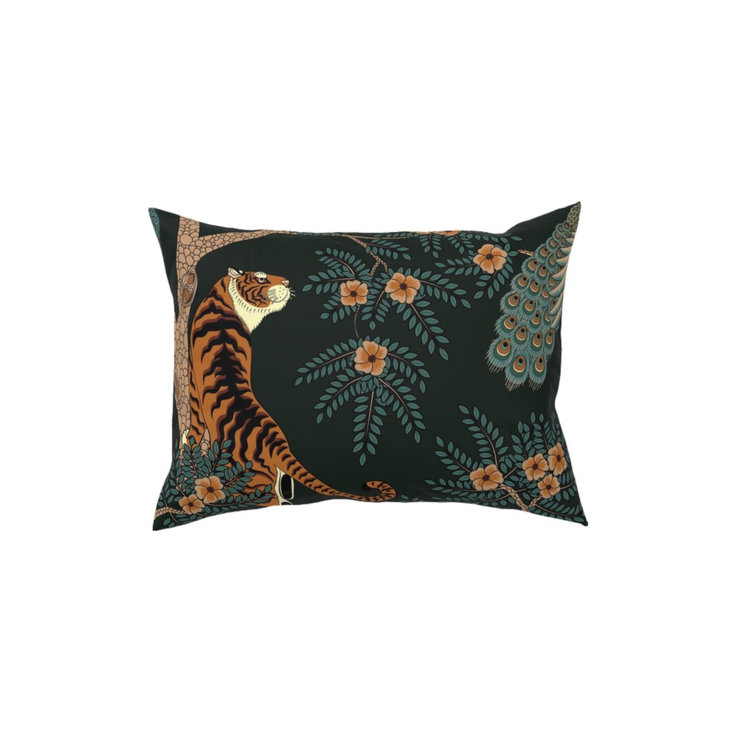 Tiger and Peacock on Black Pillow, Woven, Black, 12x16, Single Sided, Black, Black