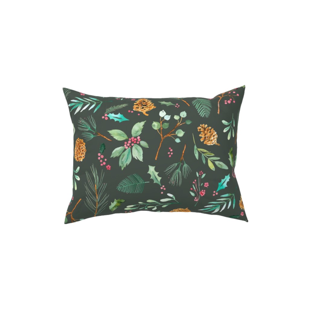 Christmas Holiday Botanical on Dark Green Pillow, Woven, Beige, 12x16, Single Sided, Blue