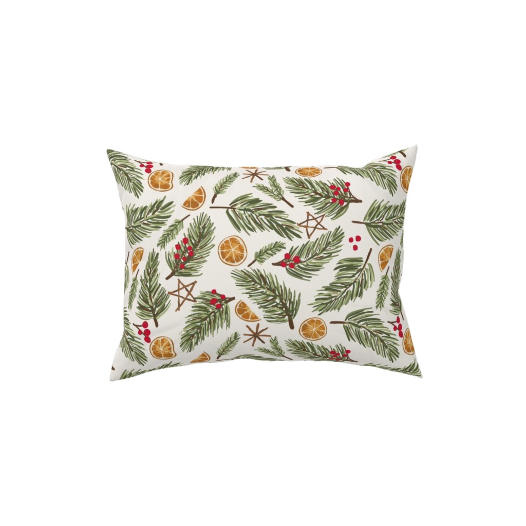 Festive Christmas Pine Sprigs Pillow, Woven, Beige, 12x16, Single Sided, Multicolor