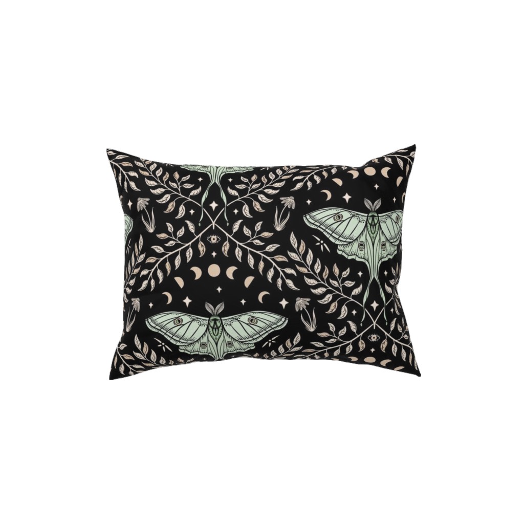 Luna Moths Damask With Moon Phases - Black Pillow, Woven, Beige, 12x16, Single Sided, Multicolor