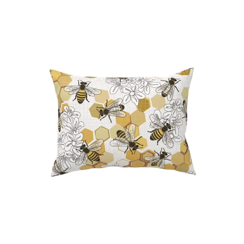 Save the Honey Bees - Yellow on White Pillow, Woven, Beige, 12x16, Single Sided, Yellow