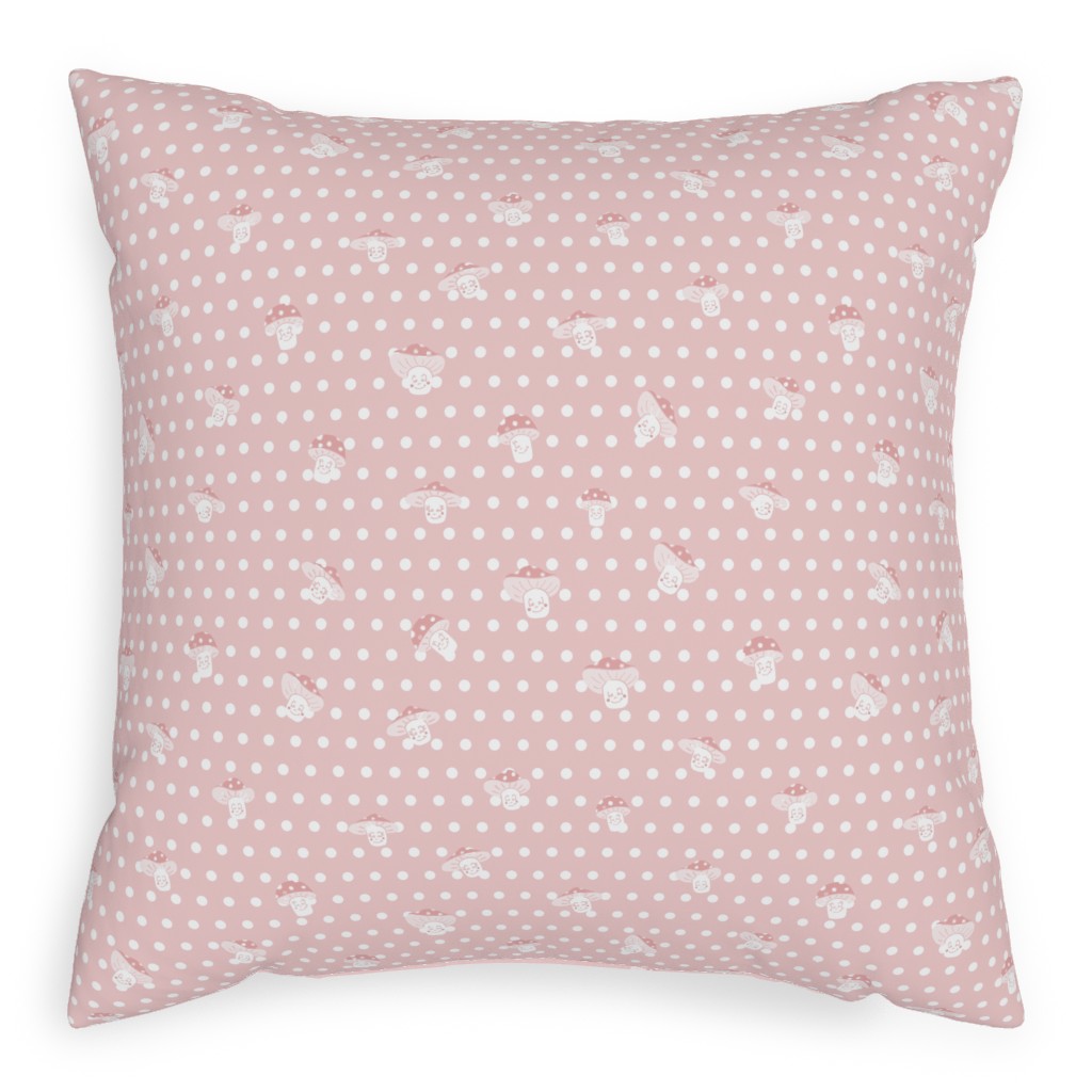 Mushroom and Dots - Pink Pillow, Woven, Black, 20x20, Single Sided, Pink