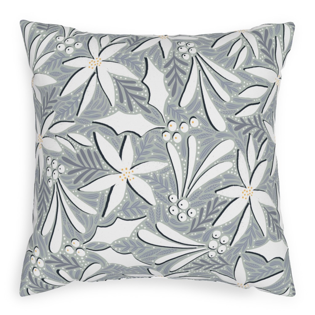 Poinsettia, Holly, & Mistletoe - White & Grey Pillow, Woven, Black, 20x20, Single Sided, Gray, Gray