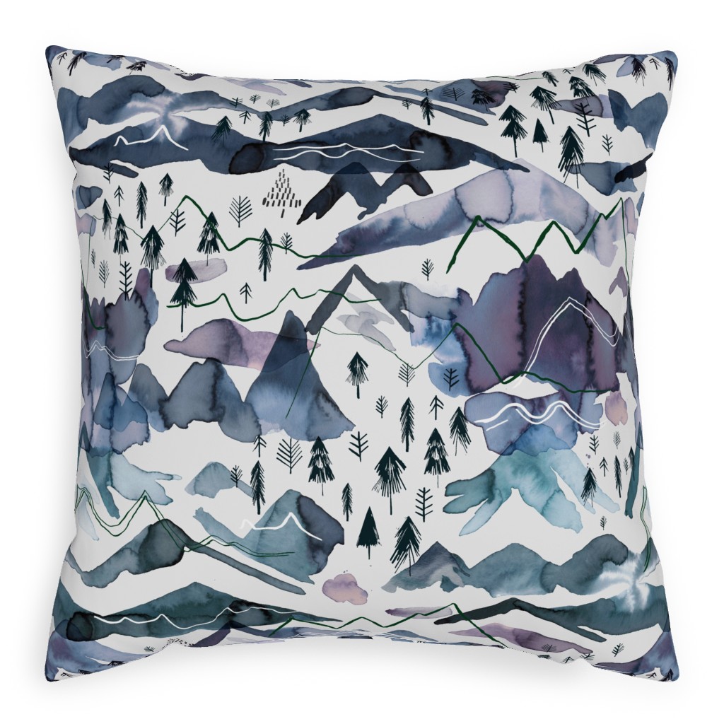 Watercolor Mountains Landscape - Blue Pillow, Woven, Black, 20x20, Single Sided, Blue