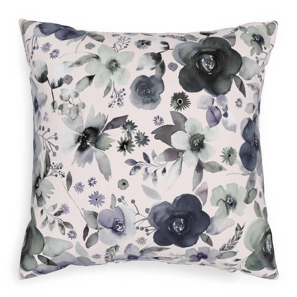 Wintery Watercolor Flower Bouquets - Navy Pillow, Woven, Black, 20x20, Single Sided, Blue