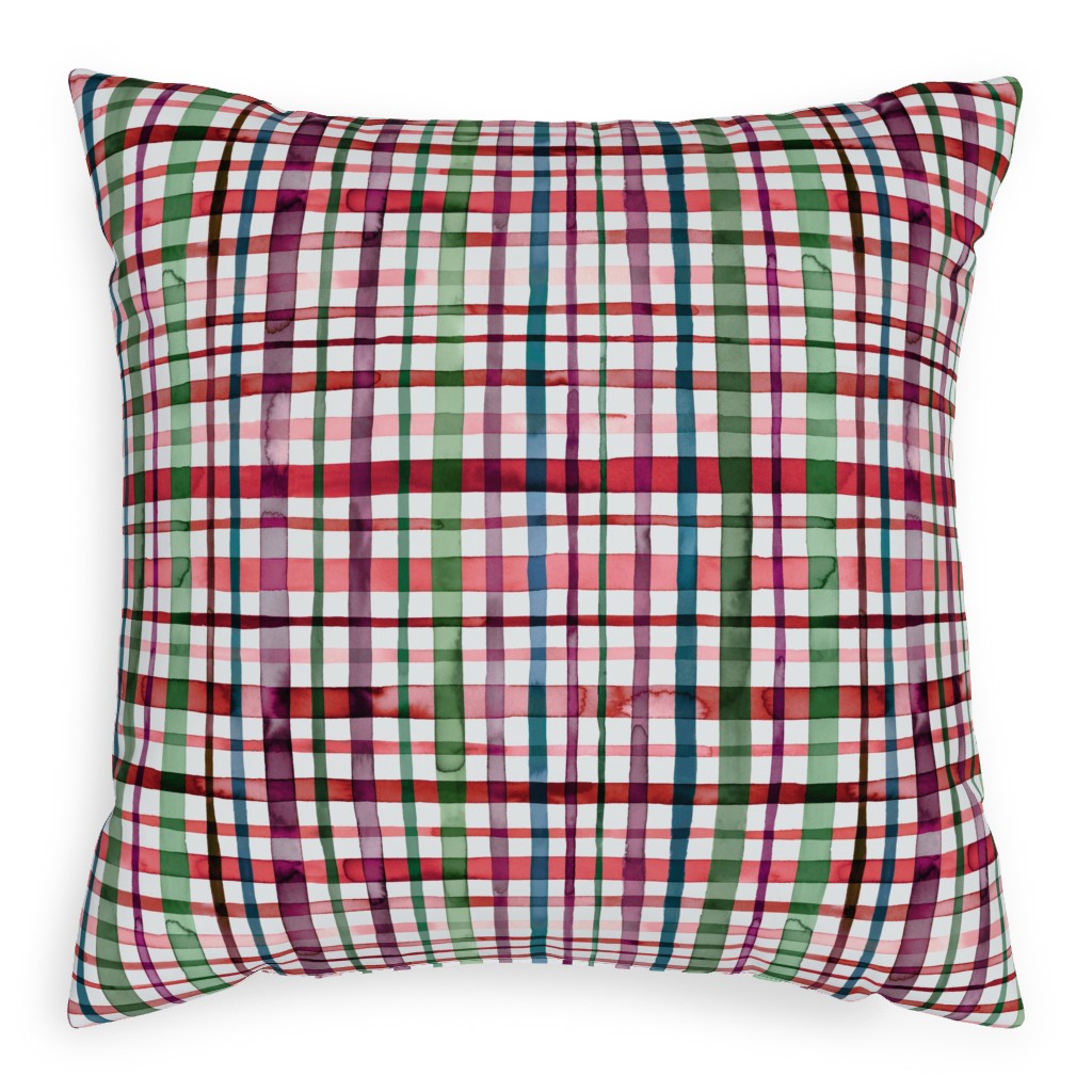 Watercolor Gingham - Red and Green Pillow, Woven, Black, 20x20, Single Sided, Multicolor