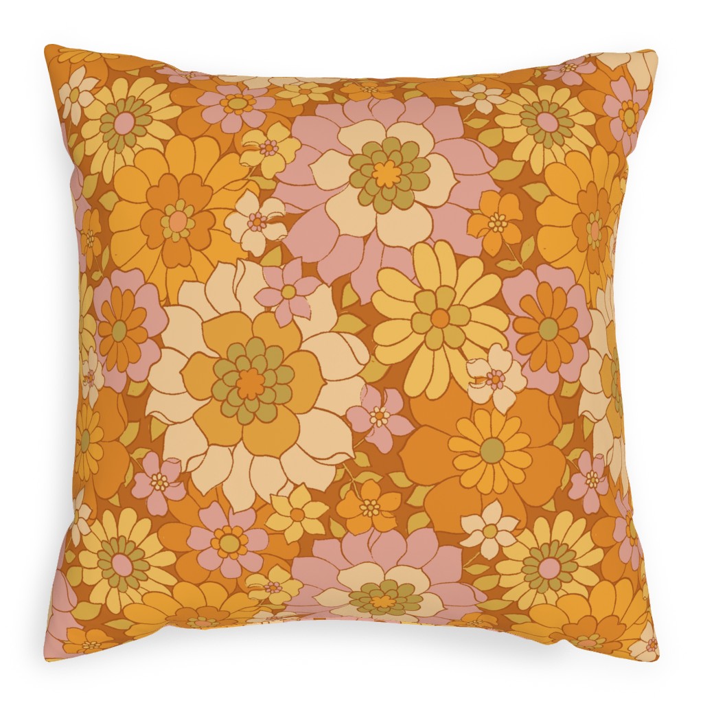 Avery Retro Floral Pillow, Woven, Black, 20x20, Single Sided, Orange, Tawny