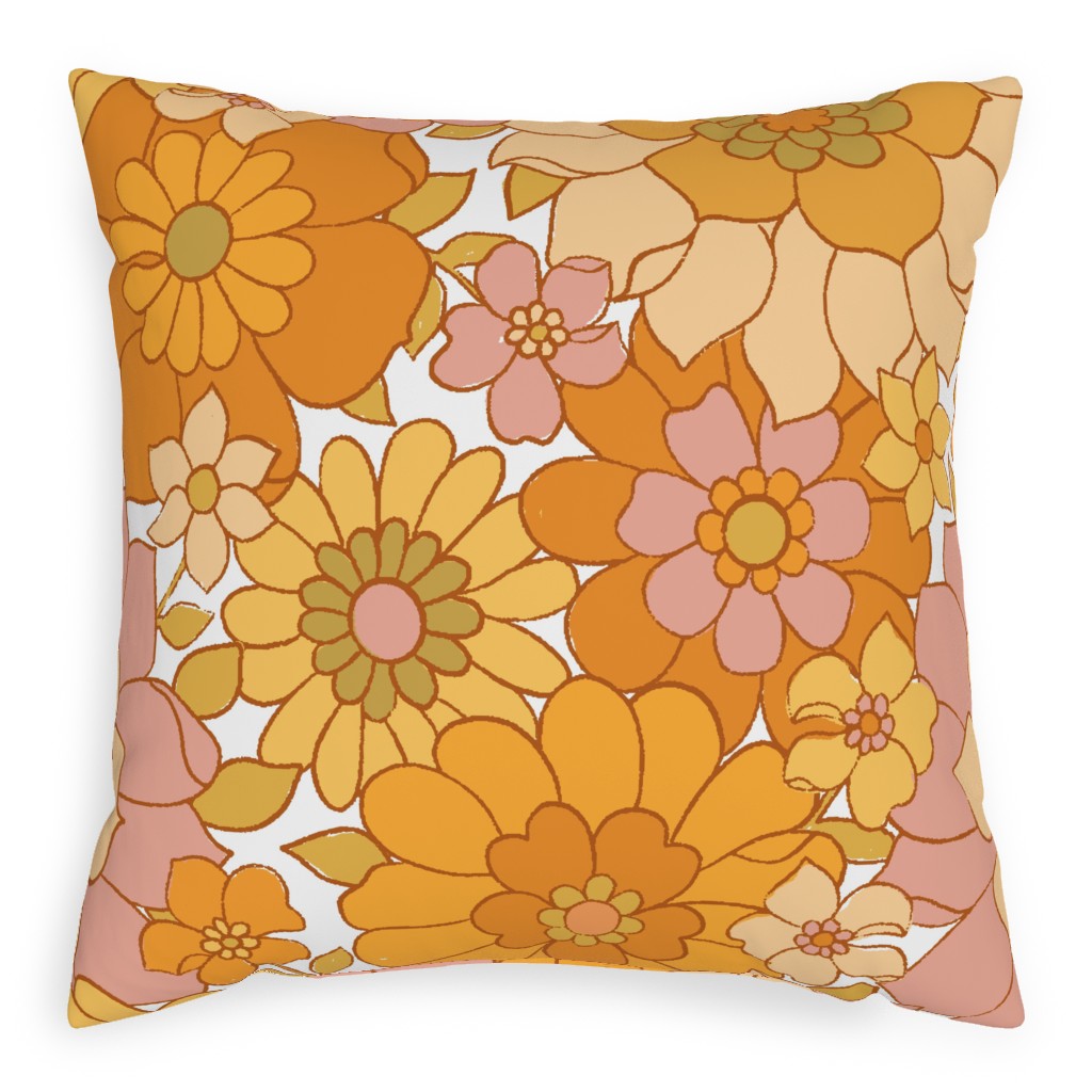 Avery Retro Floral - Orange on White Pillow, Woven, Black, 20x20, Single Sided, Orange