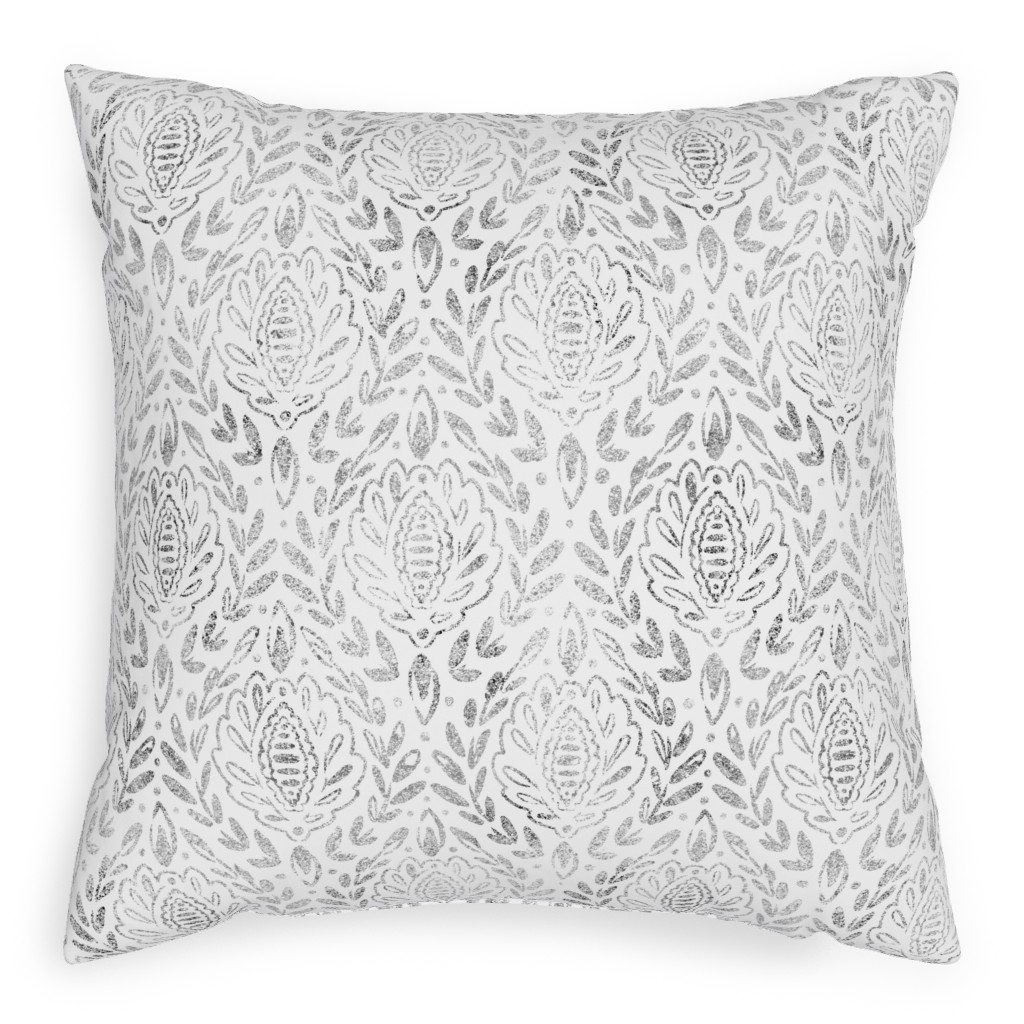 Distressed Damask Leaves - Grey Pillow, Woven, Black, 20x20, Single Sided, Gray