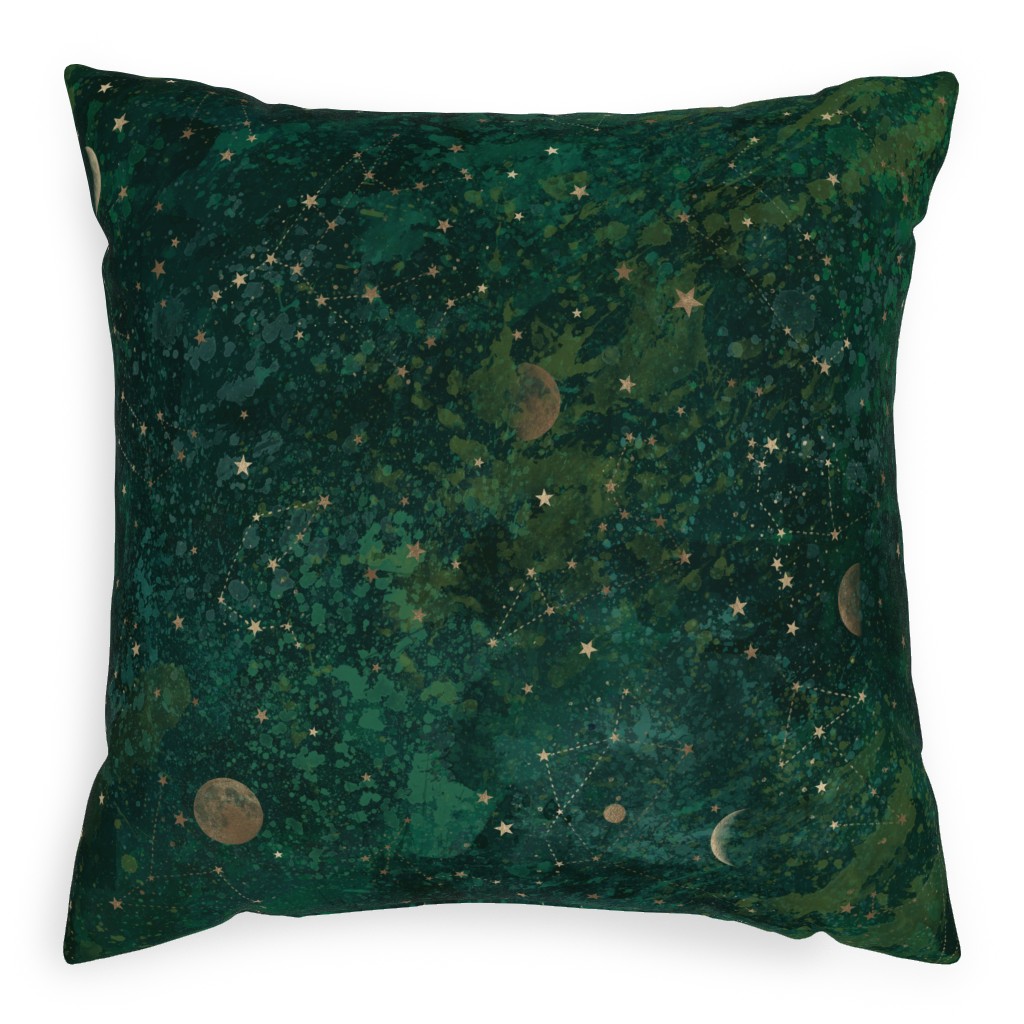 Moon and Stars - Green Pillow, Woven, Black, 20x20, Single Sided, Green