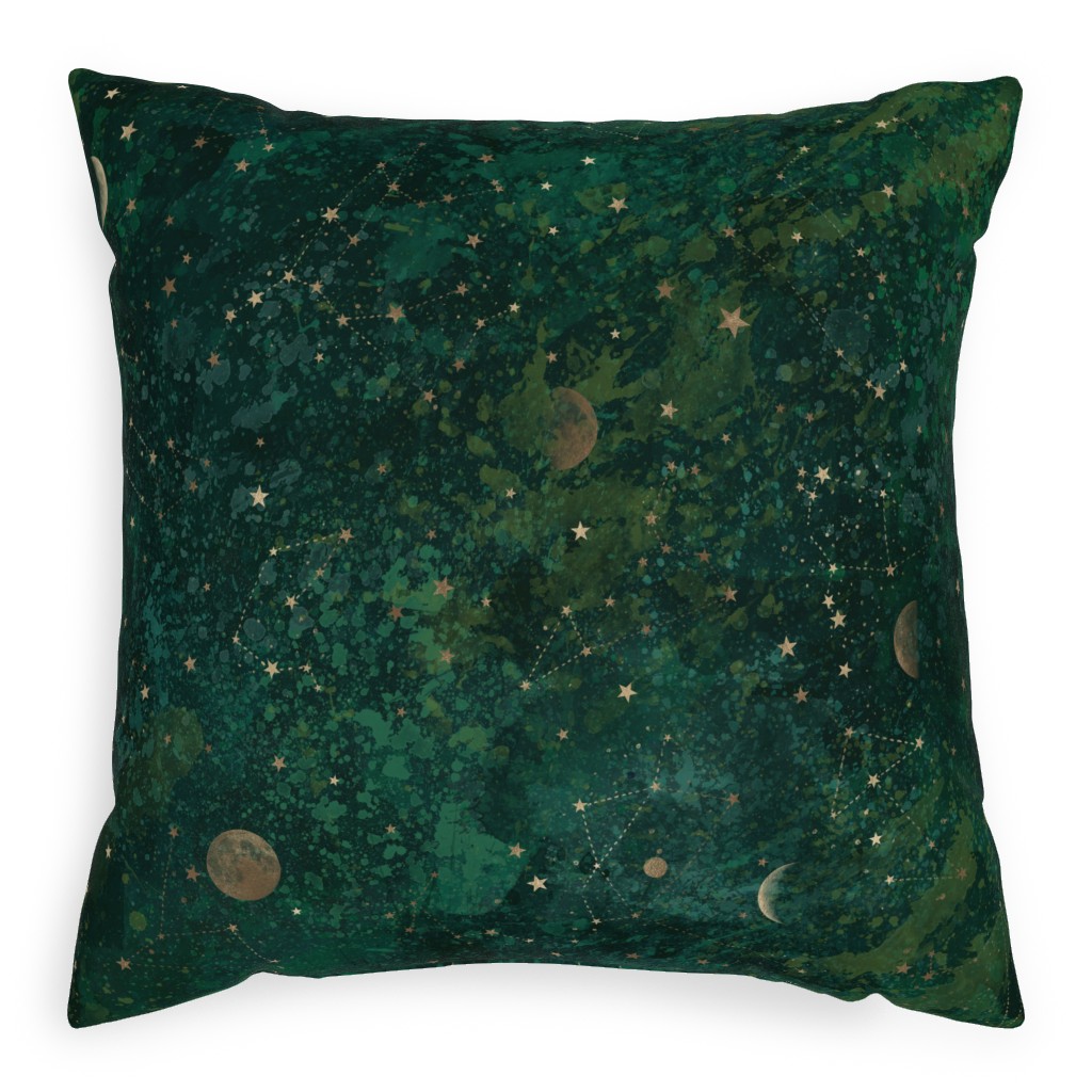 Moon and Stars - Green Pillow, Woven, Black, 20x20, Single Sided, Green, Classic Green