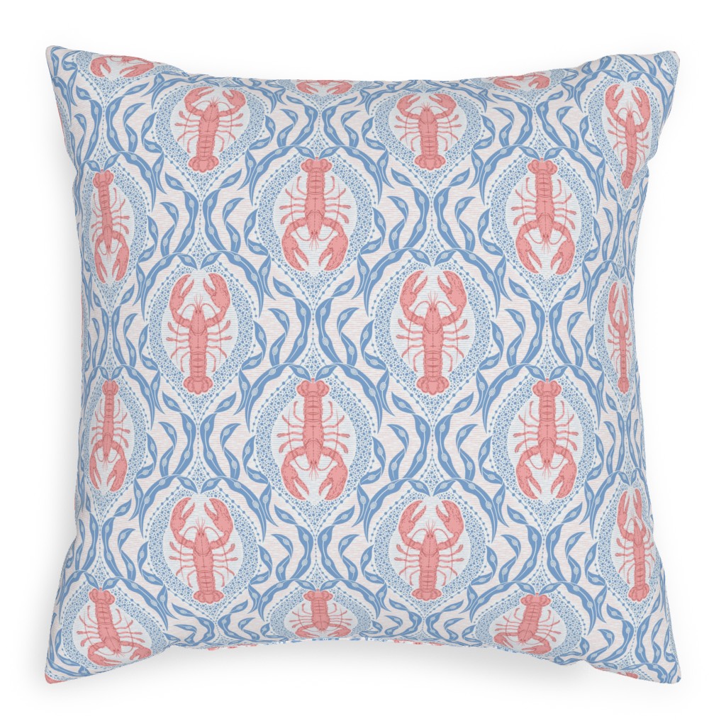 Lobster and Seaweed Nautical Damask - White, Coral Pink and Cornflower Blue Pillow, Woven, Black, 20x20, Single Sided, Blue