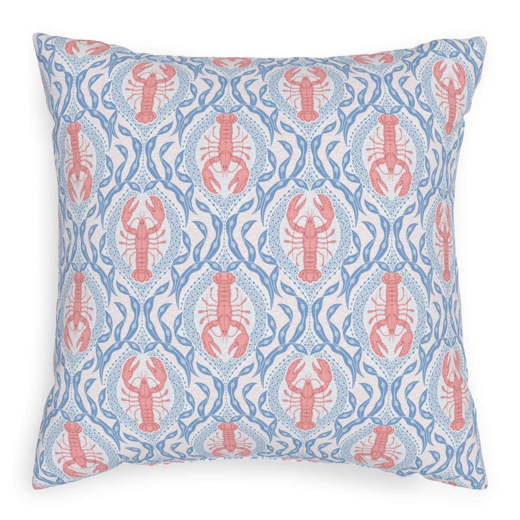 Lobster and Seaweed Nautical Damask - White, Coral Pink and Cornflower Blue Pillow, Woven, Black, 20x20, Single Sided, Blue, True Blue