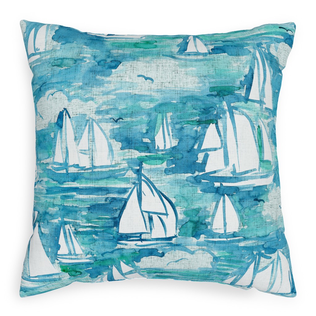 Sailboats Sailing Watercolor Loosely Painted - Blue Pillow, Woven, Black, 20x20, Single Sided, Blue